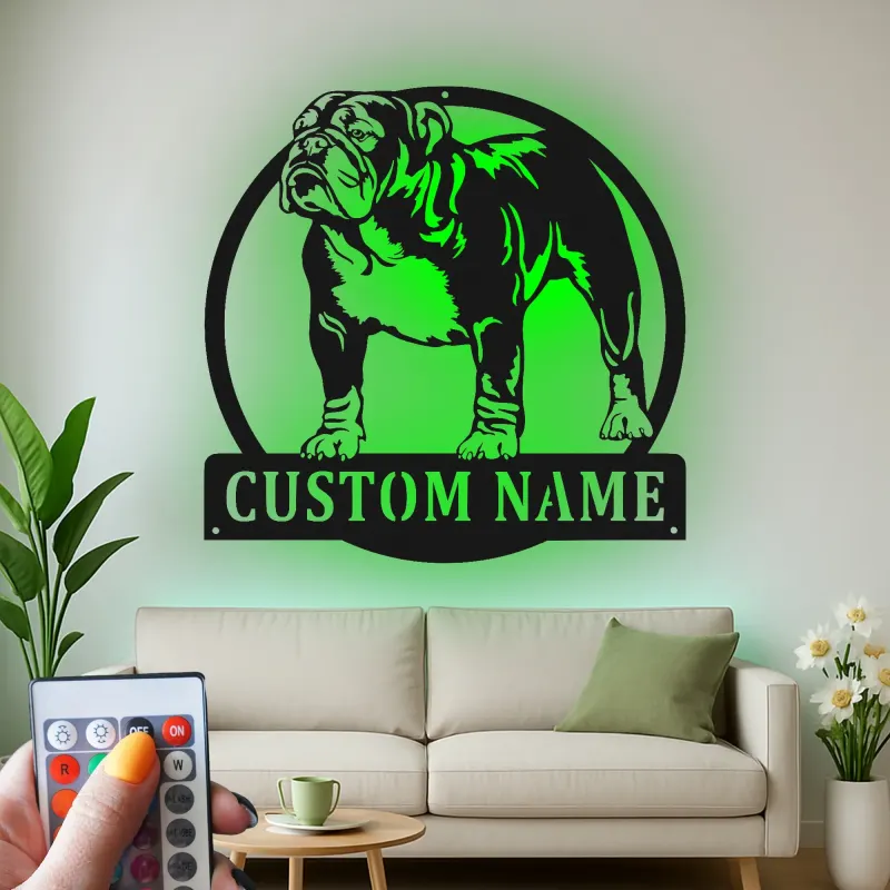 Cartel de metal LED personalizado de Bulldog, regalo para amantes de los perros, decoración para la sala de estar o área de mascotas