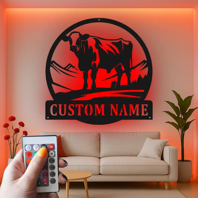 Décoration murale en métal LED personnalisée de vache - Cadeau de ferme pour éleveurs - Décor rustique pour le salon