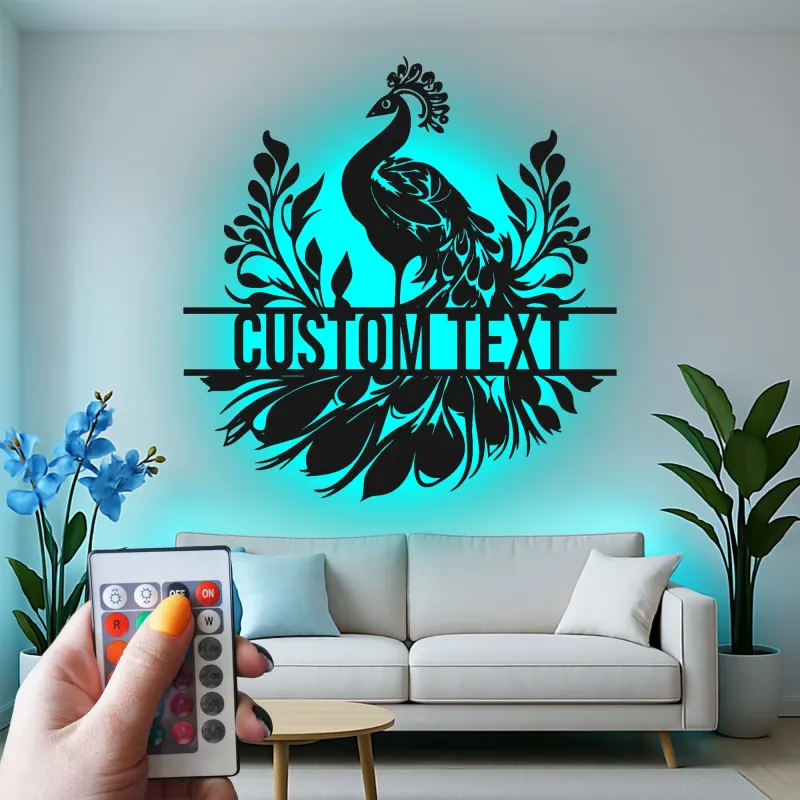 Cartel de metal personalizado con luz LED de pavo real, regalo para decoración del hogar, acento elegante para el salón