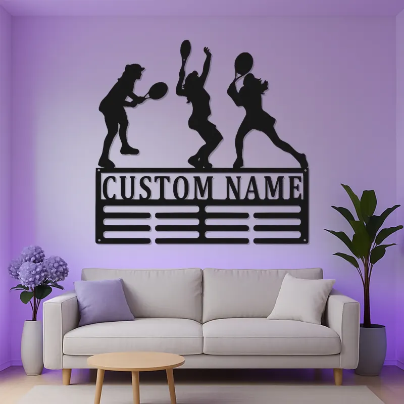 Cartel LED de jugadora de tenis personalizada | Arte mural de metal con nombre personalizado | Decoración deportiva femenina | Regalo para entrenador o atleta