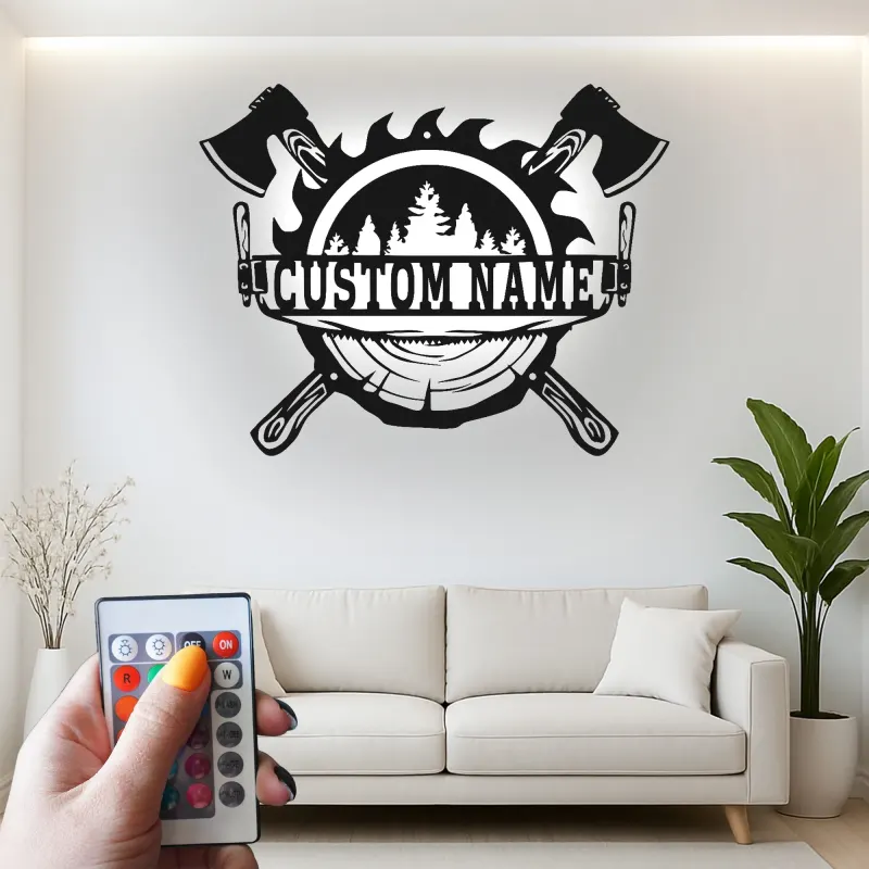 Custom Lumberjack Axe Metal Sign with LED | Personalized Forest Wall Art | Rustic Cabin & Man Cave Decor