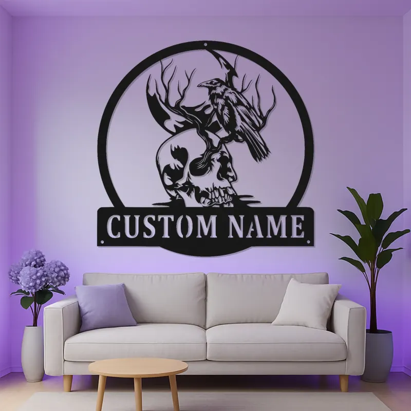 Insegna LED gotica con corvo e teschio | Arte murale in metallo personalizzata | Regalo horror personalizzato e arredo per man cave