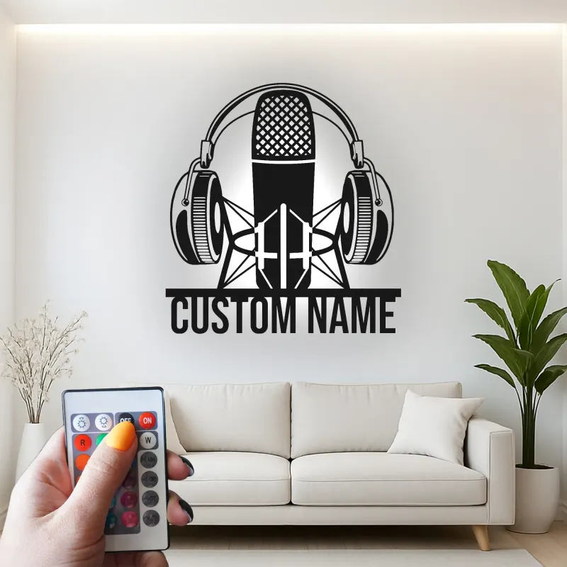 Custom Podcast Mic Sign | Personalized LED Metal Wall Art | Studio Decor for Podcaster & Musician Gift