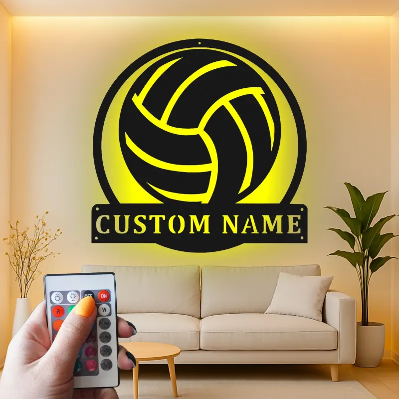 Personalisierte Metall-Wandkunst mit Volleyball und LED-Beleuchtung – Geschenk für Volleyballspieler, Dekoration für Spielzimmer oder Sportbereich