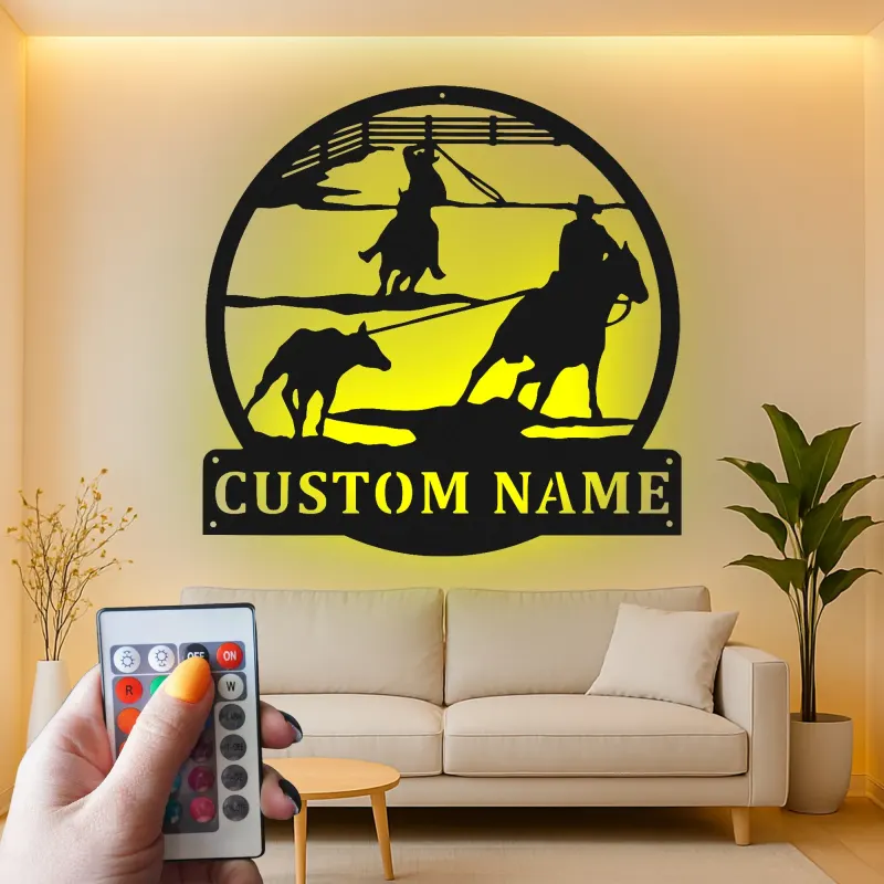 Décoration murale en métal LED personnalisée Rodeo Cowboy - Cadeau western pour lui - Décor ranch rustique