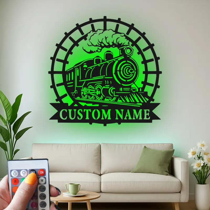 Décoration murale en métal personnalisée de train à vapeur avec rétroéclairage LED - Cadeau pour passionnés de trains, décoration pour man cave ou bureau