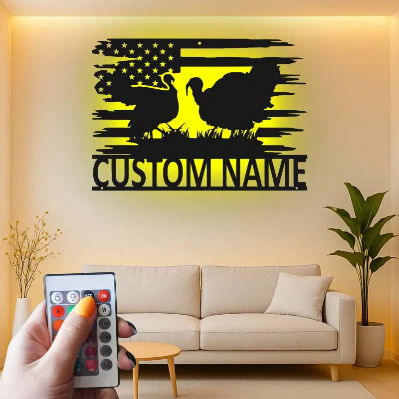 Décoration murale en métal personnalisée avec LED en forme de dinde et drapeau américain - Cadeau de ferme rustique