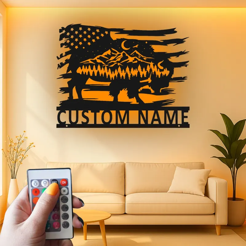 Custom Buffalo American Flag Led Light Metal Wall Art Unique Gift for Nature Lovers Rustic Living Room Decor