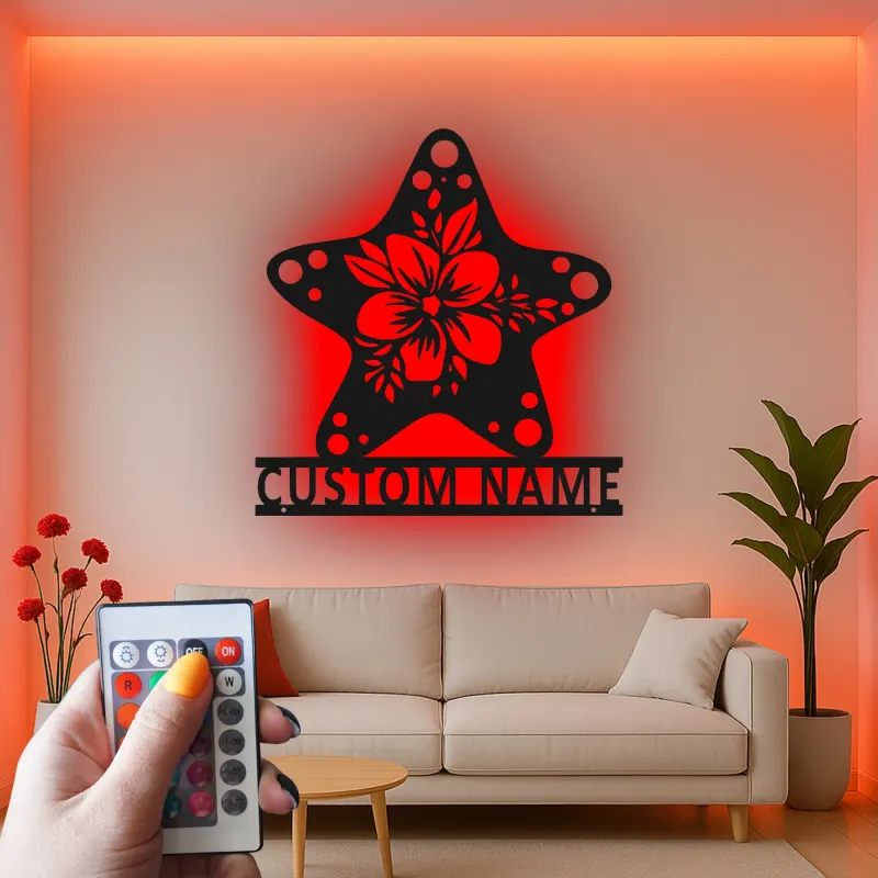 Cartel Personalizado de Hibisco y Estrella de Mar | Arte de Metal de Pared Personalizado con LED | Decoración de Casa de Playa Costera y Carteles para Salones