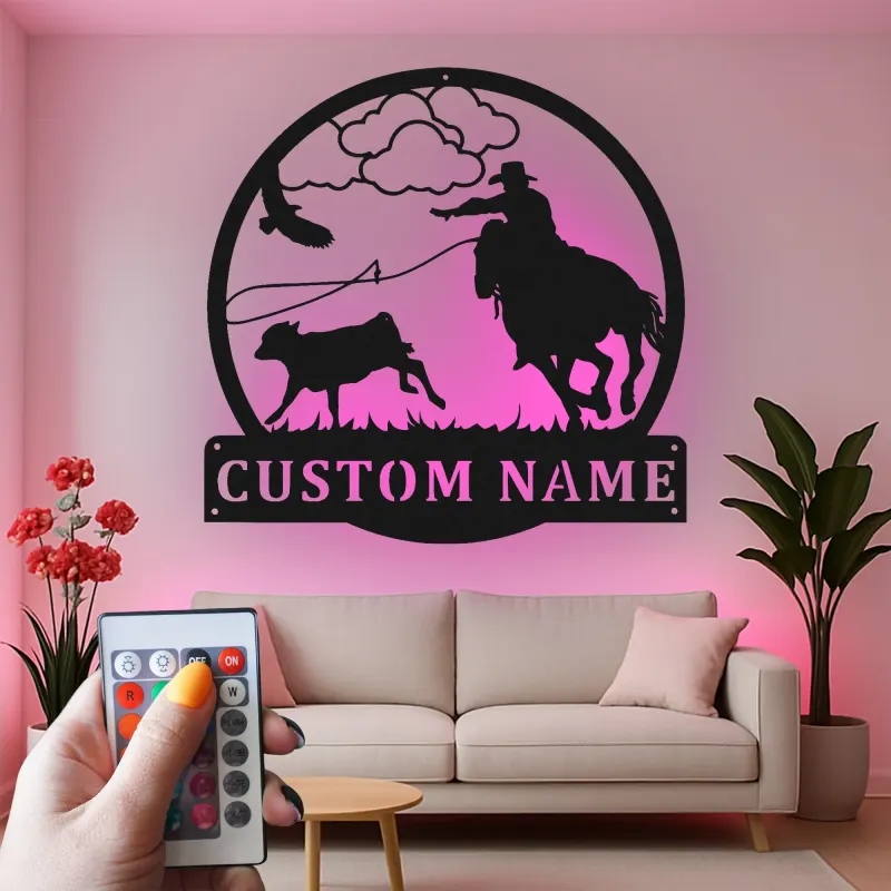 Personalisierte Cowboy-Rodeo-LED-Metall-Wandkunst – Western-Geschenk für Ihn, rustikale Ranch-Deko