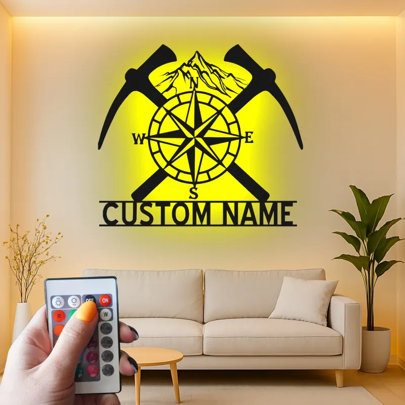 Personalisiertes Bergkompass Metall-Schild | LED Licht für Wanderer | Wandkunst für Outdoor-Entdecker im Büro & Zuhause