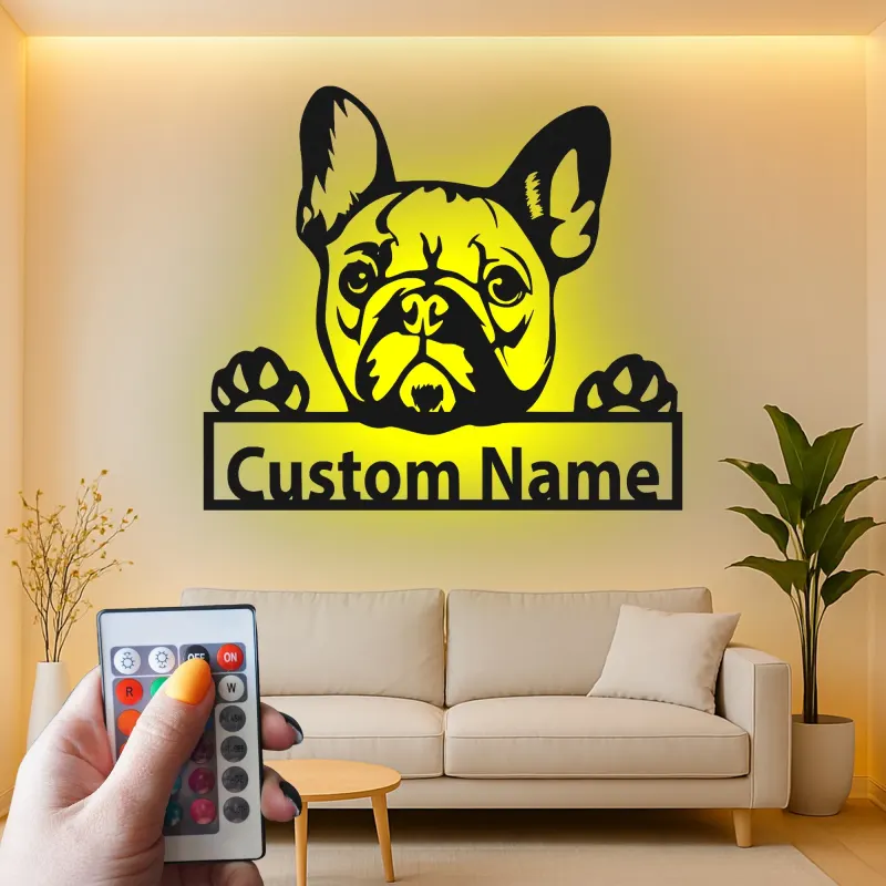 Cartel de metal LED de bulldog francés personalizado Regalo para amantes de los perros Decoración de sala de estar