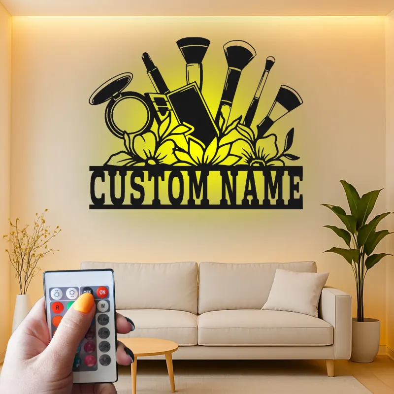 Panneau pour maquilleur personnalisé | Décoration murale en métal LED pour salon de beauté | Décor de vanité avec nom personnalisé | Panneau de logo d'entreprise MUA