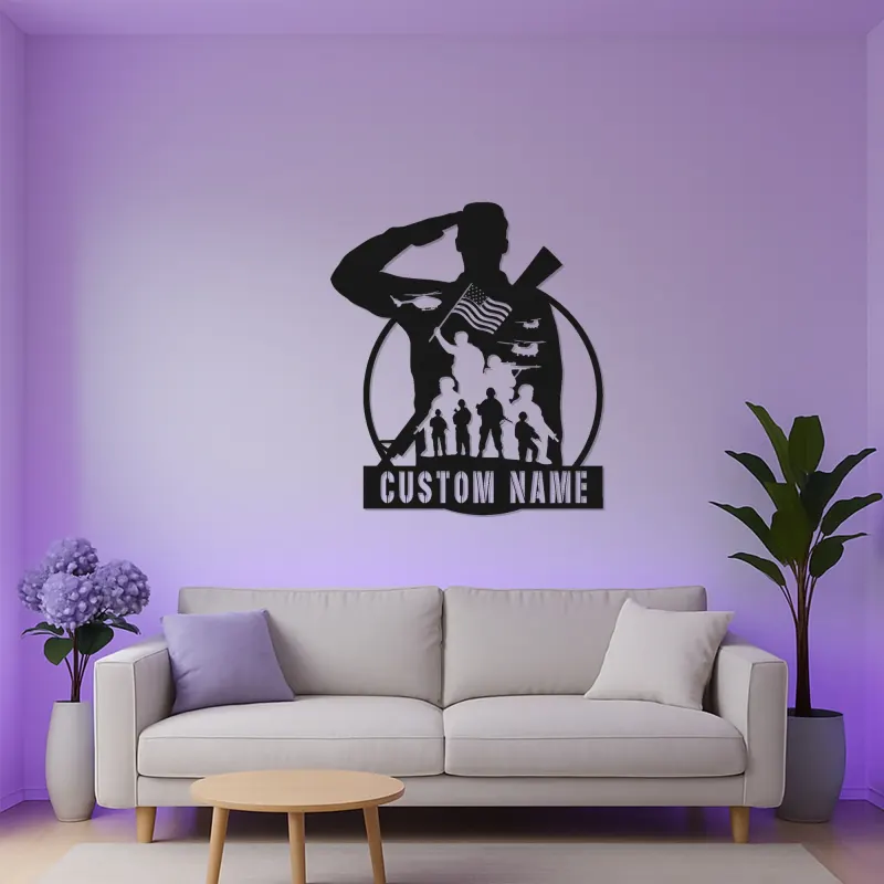 Insegna LED Personalizzata per Soldato Salutante | Arte in Metallo con Bandiera Americana Personalizzata | Decorazione Militare Patriottica | Regalo per Veterani