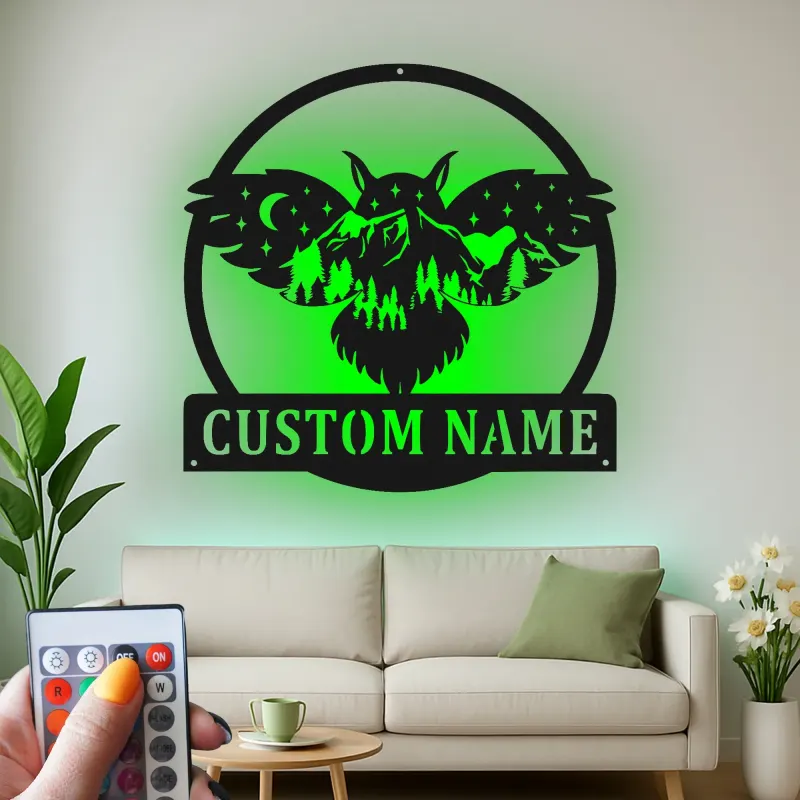 Insegna in metallo personalizzata con gufo | Insegna LED retroilluminata con nome per baita | Silhouette di gufo reale personalizzata, regalo per amanti della natura