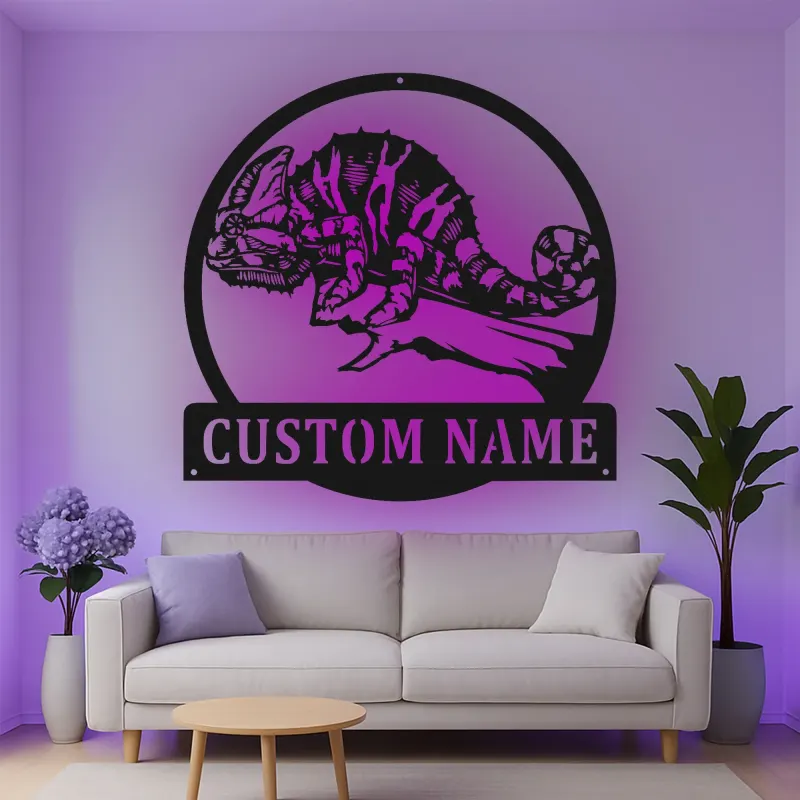 Insegna in metallo LED personalizzata a forma di camaleonte - Regalo unico per amanti dei rettili, decorazione per camera da letto o ufficio