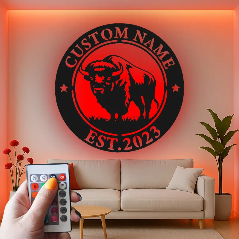 Insegna in metallo LED personalizzata con bufalo, regalo per ranch, decorazione rustica per soggiorno