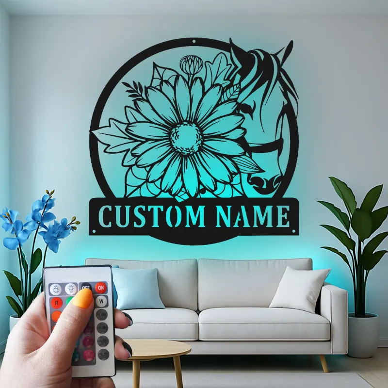 Insegna LED Personalizzata Cavallo e Fiori | Arte in Metallo Personalizzata | Regalo Equestre e Decorazione per Ranch