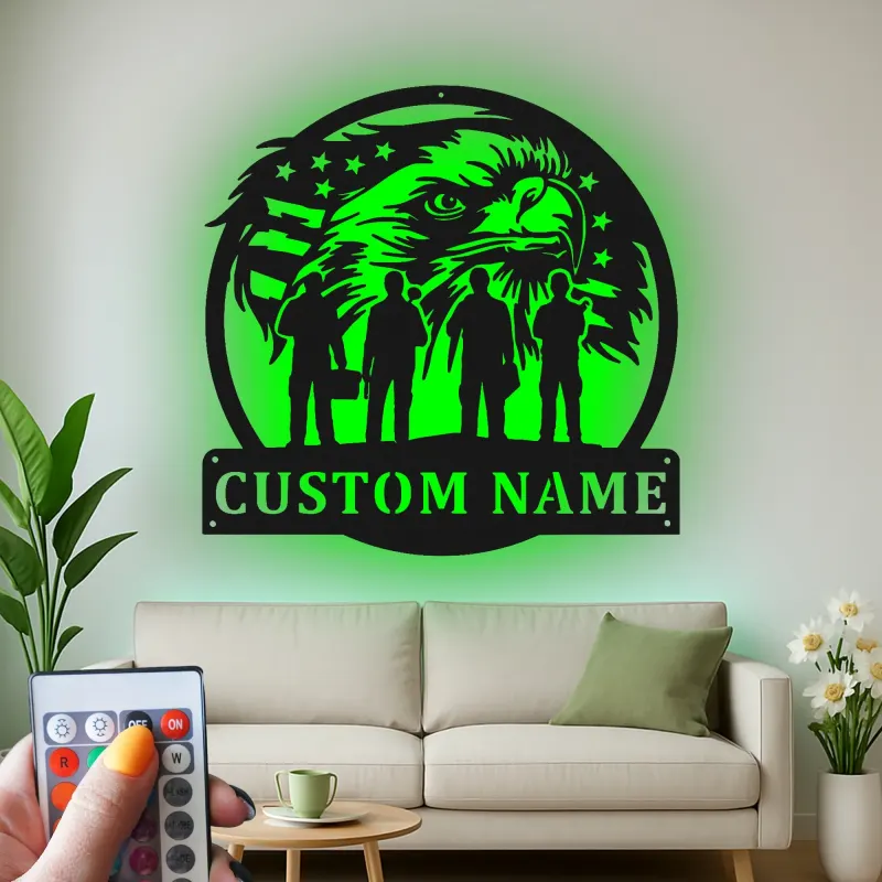 Custom Eagle & Soldier Metal Sign | Personalized LED Military Tribute | Veteran Wall Art for Home & Office