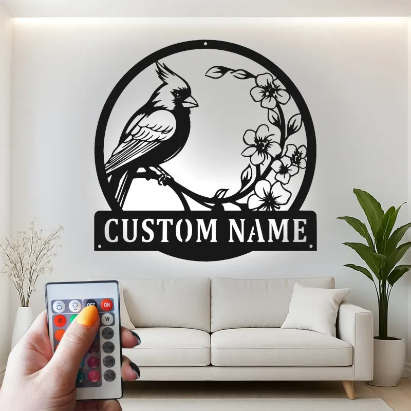 Décoration murale en métal personnalisée avec lumière LED cardinal et fleurs