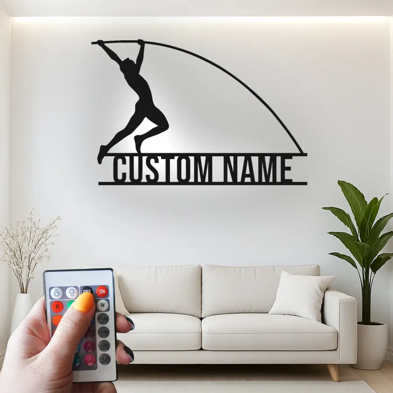 Letrero LED personalizado de salto con pértiga | Arte mural de metal de atletismo | Decoración de nombre personalizado para atletas | Regalo deportivo para entrenadores