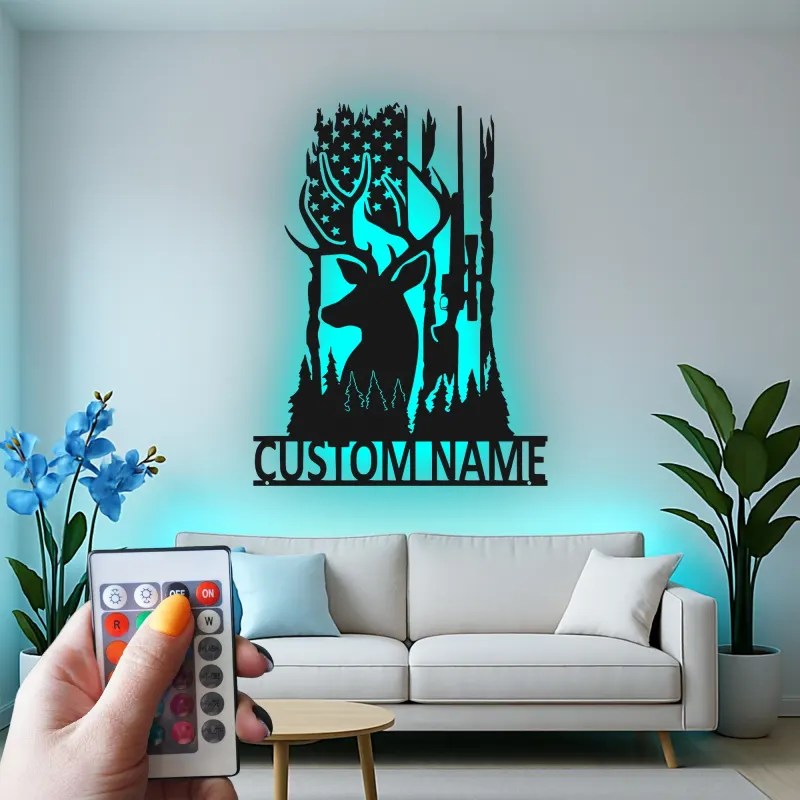 Insegna in metallo personalizzata per cacciatori di cervi con luce LED regalo personalizzato per appassionati di caccia decorazione per cabine o man cave
