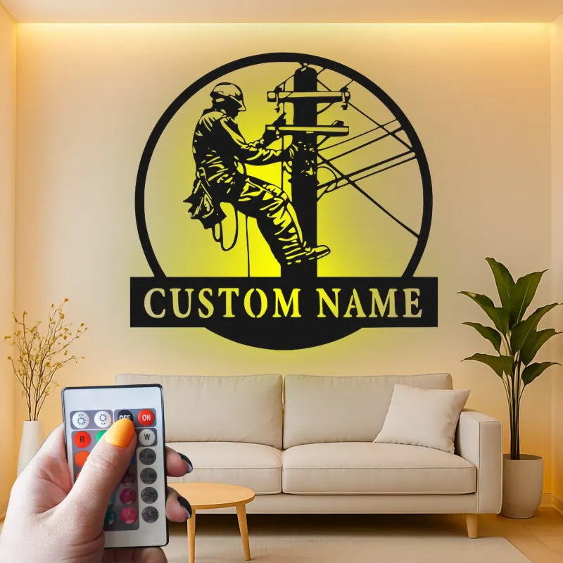 Arte mural LED de metal para liniero | Cartel personalizado con nombre para electricista | Regalo personalizado para trabajador de servicios públicos | Decoración industrial para oficina y garaje