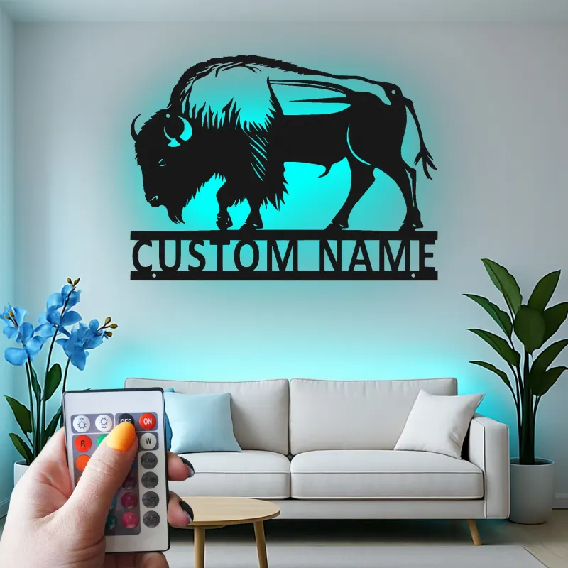 Insegna in metallo LED personalizzata con bisonte - Regalo selvatico per la casa - Decorazione rustica per soggiorno