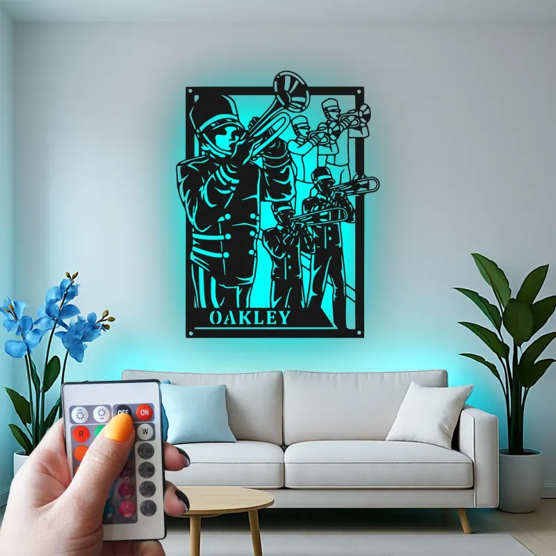 Personalized Trumpet Player LED Sign | Custom Marching Band Metal Art | Musician Name Gift | Band Room & Studio Wall Decor