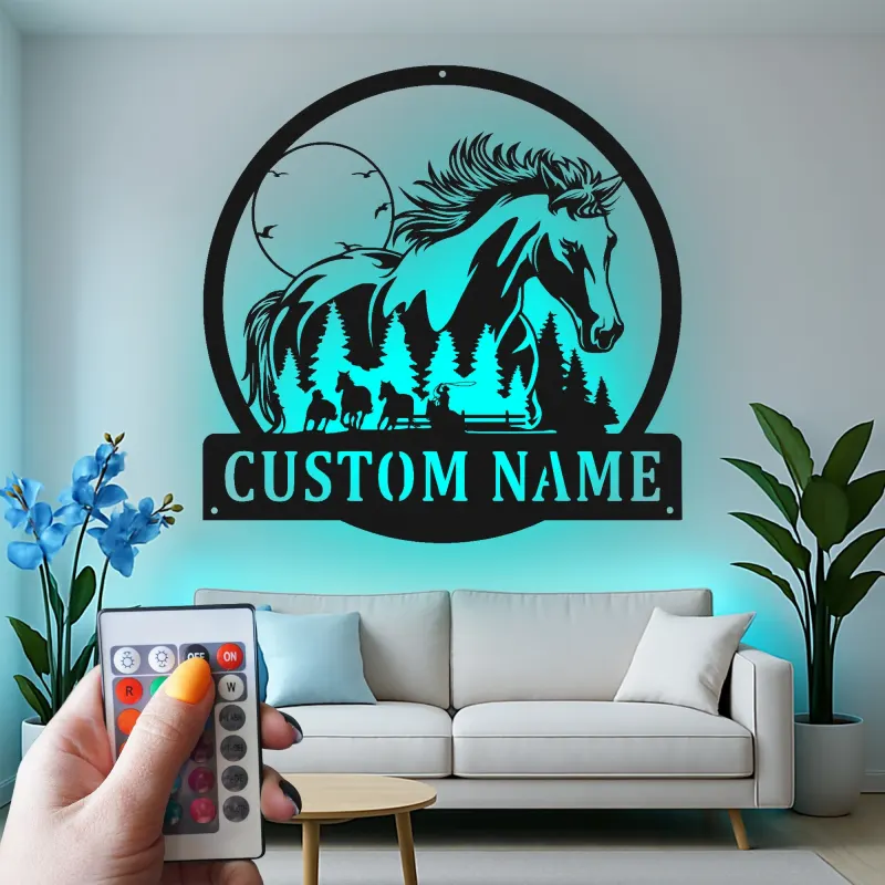 Insegna LED personalizzata con cavallo | Arte in metallo personalizzata | Decorazione rustica per amanti dell'equitazione