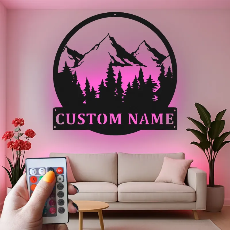 Personalized Mountain Metal Wall Art | LED Backlit Nature Scene for Cabin Decor | Custom Family Name Sign
