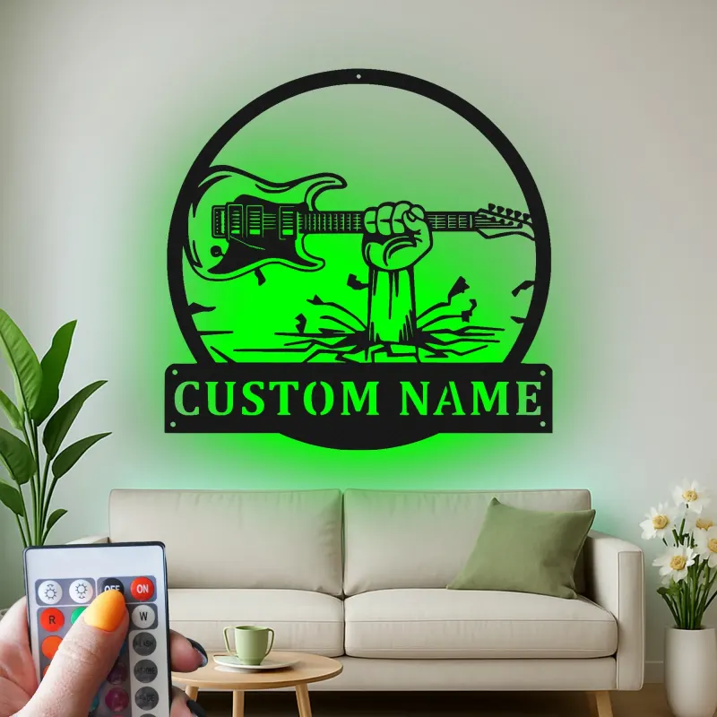 Individuelle Gitarren-LED-Metall-Wandkunst | Personalisierte Musiker-Namensschild | Dekoration für Musikzimmer, Studio & Männerhöhlen