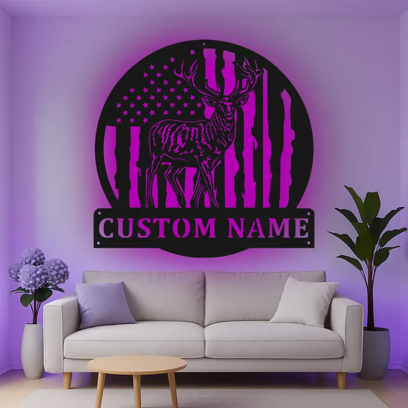 Décoration murale en métal personnalisée avec cerf et drapeau américain, éclairage LED, cadeau personnalisé pour chasseurs, décoration de cabane rustique 4