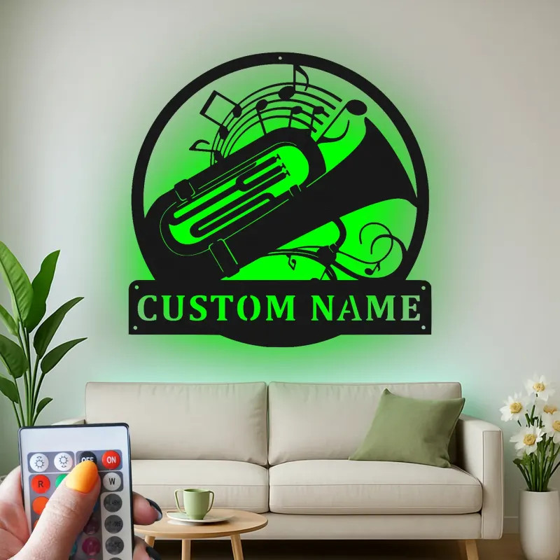 Insegna in metallo personalizzata con tuba LED - Regalo per musicisti - Decorazione per amanti della musica