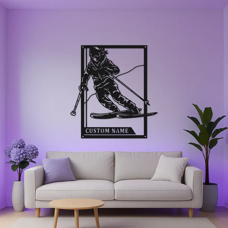 Custom Downhill Skier Metal Wall Art | Personalized LED Ski Sign | Laser Cut Steel Lodge Decor | Gift for Ski Lovers