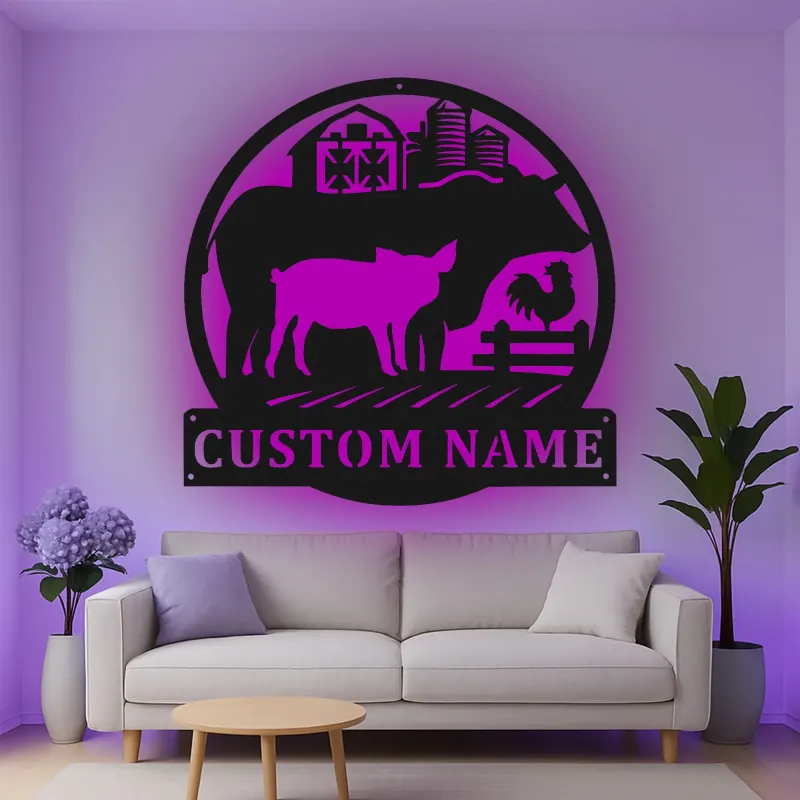 Cartel de metal LED personalizado con animales de granja, regalo para agricultores, decoración rústica de granja
