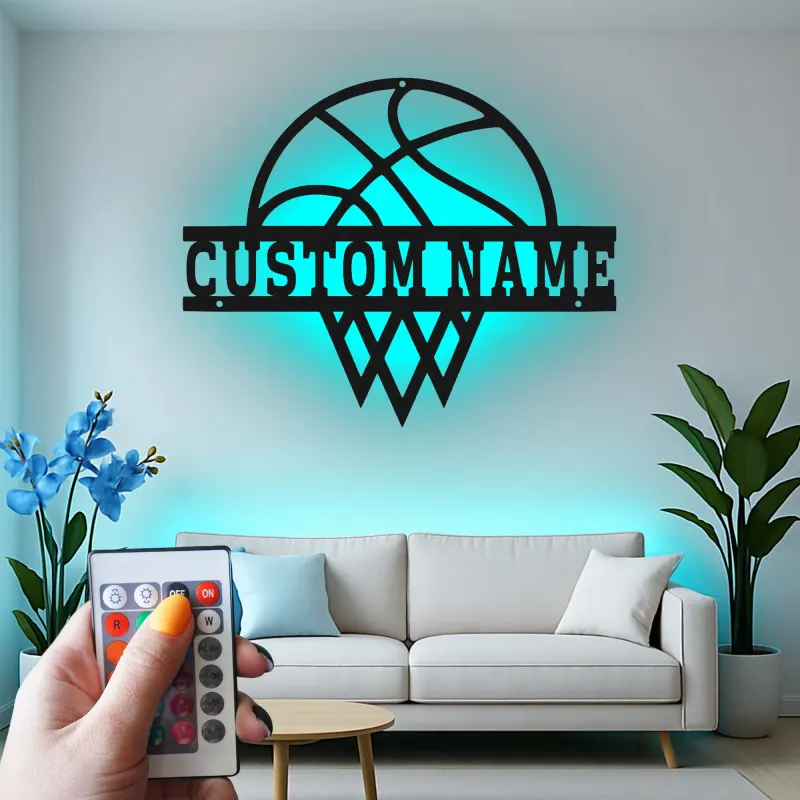 Cartel de metal personalizado de aro de baloncesto con luz LED, regalo deportivo personalizado para atletas, decoración para sala de juegos 1