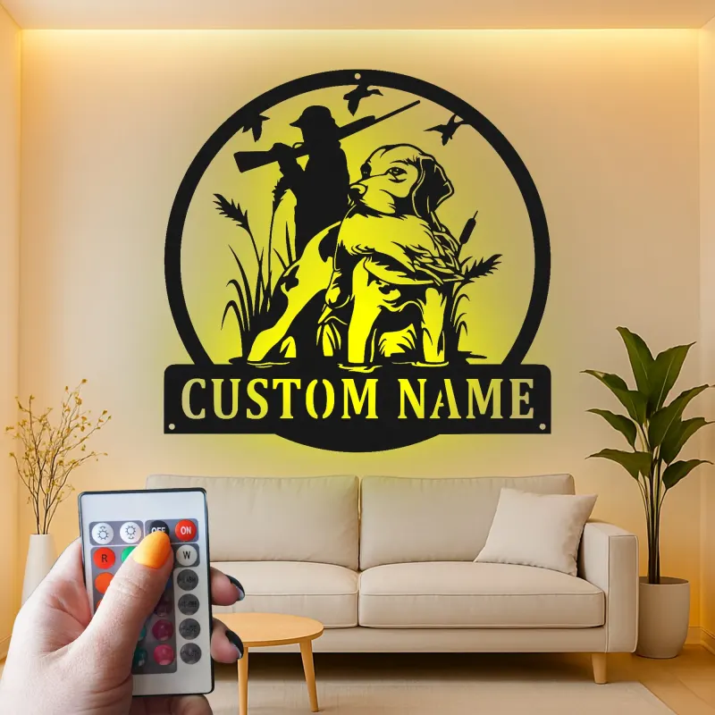 Custom Hunting Dog LED Metal Wall Art | Personalized Labrador Retriever Sign | Hunter Gift for Man Cave Decor | Duck Hunting Silhouette