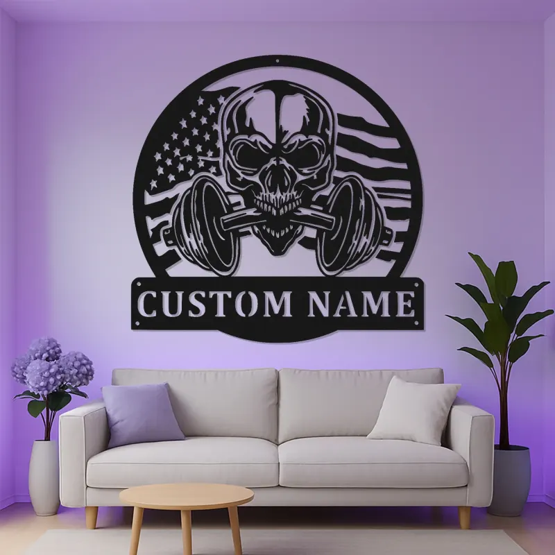 Panneau de gym patriotique avec LED | Art mural en métal avec crâne personnalisé | Décoration de musculation personnalisée pour la maison et les centres de fitness