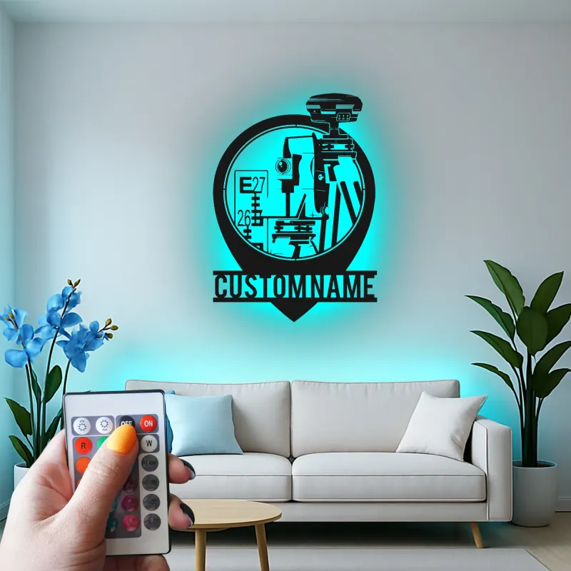 Panneau géomètre-topographe personnalisé | Décoration murale en métal LED | Décor de bureau pour ingénieur civil | Cadeau de topographie avec nom