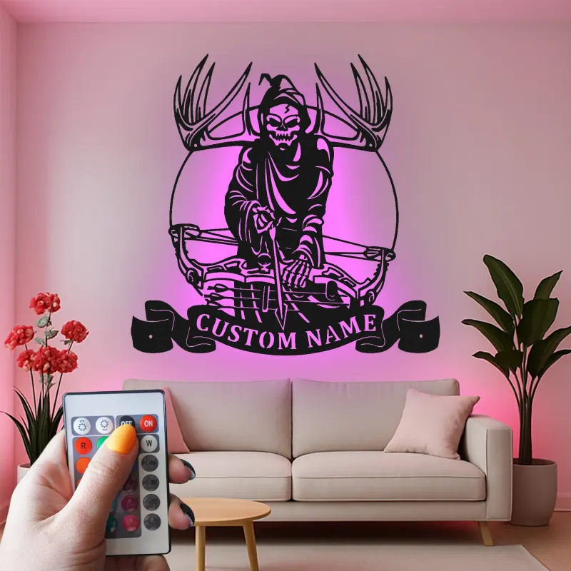 Grim Reaper Bow Hunter LED Sign | Custom Metal Wall Art | Personalized Hunter Gift for Man Cave | Hunting Decor