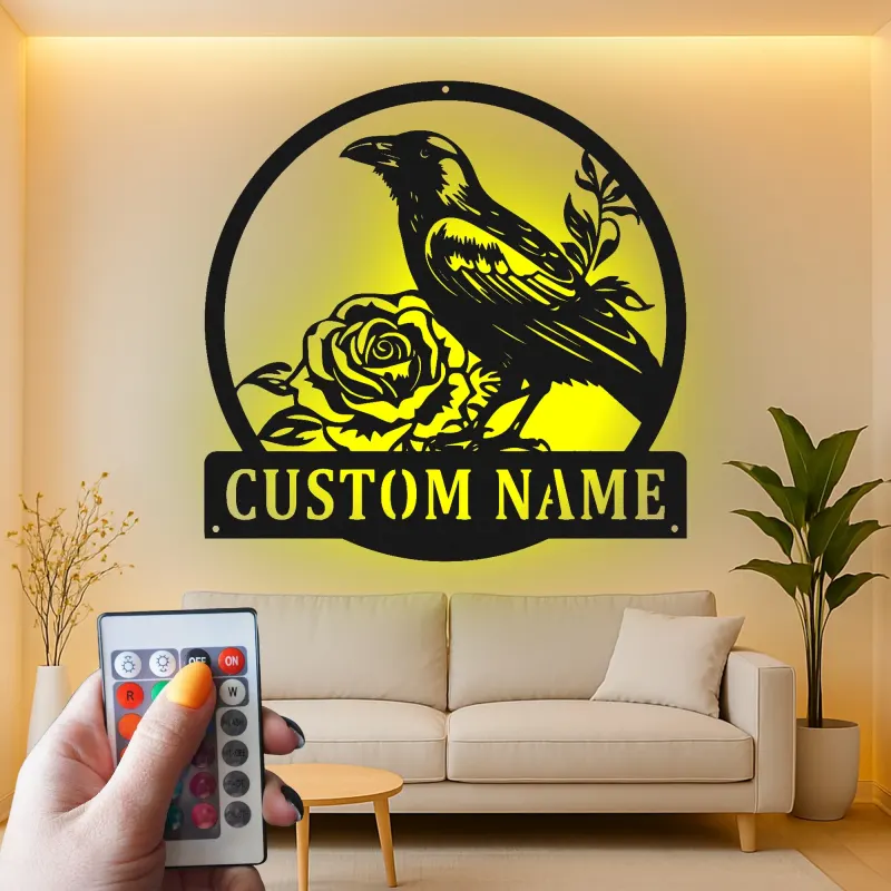 Individuelles Raben-Metallschild | Personalisierte gotische Rosen-Wandkunst | LED-beleuchtete Vintage-Vogel-Dekoration für Zuhause oder Büro