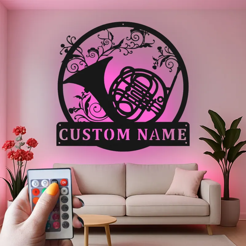 French Horn Metal Wall Art | Personalized LED Sign for Music Room | Custom Musician Name Plaque | Studio Decor Gift