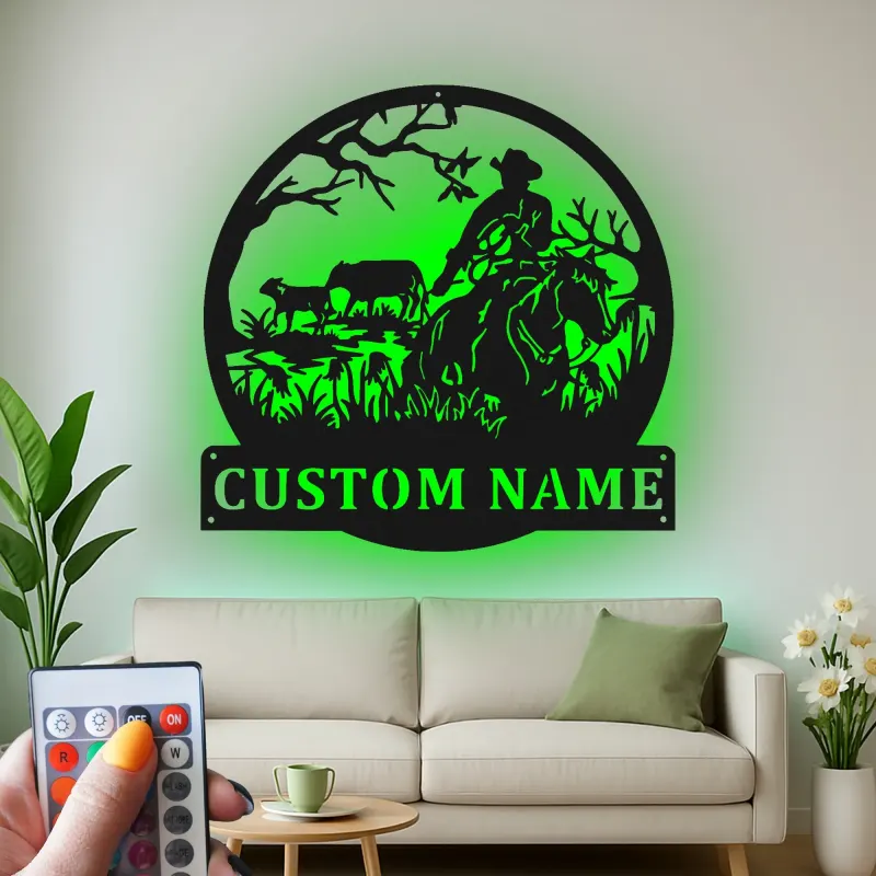 Cartel de metal personalizado con rancho vaquero y luz LED, regalo western para él, decoración rústica de granja