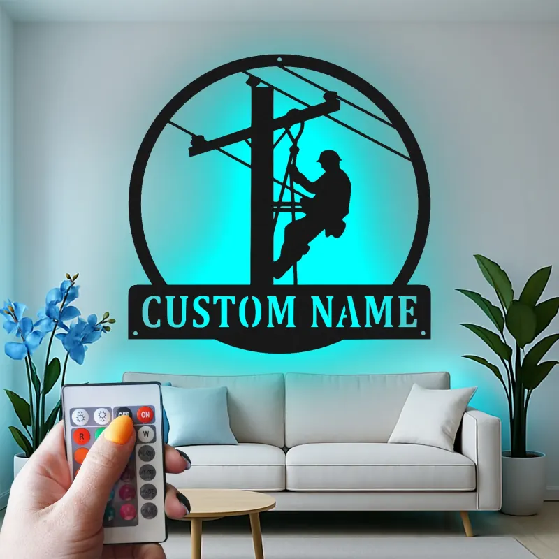 Arte da Parete in Metallo per Lineman | Insegna LED Personalizzata con Nome | Regalo Personalizzato per Elettricista | Decorazione per Lavoratori dei Servizi Pubblici