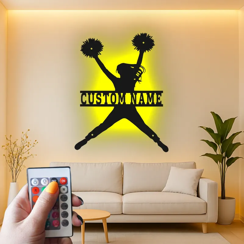 Insegna in metallo LED a silhouette di cheerleader personalizzata regalo per appassionati di cheer decorazione camera
