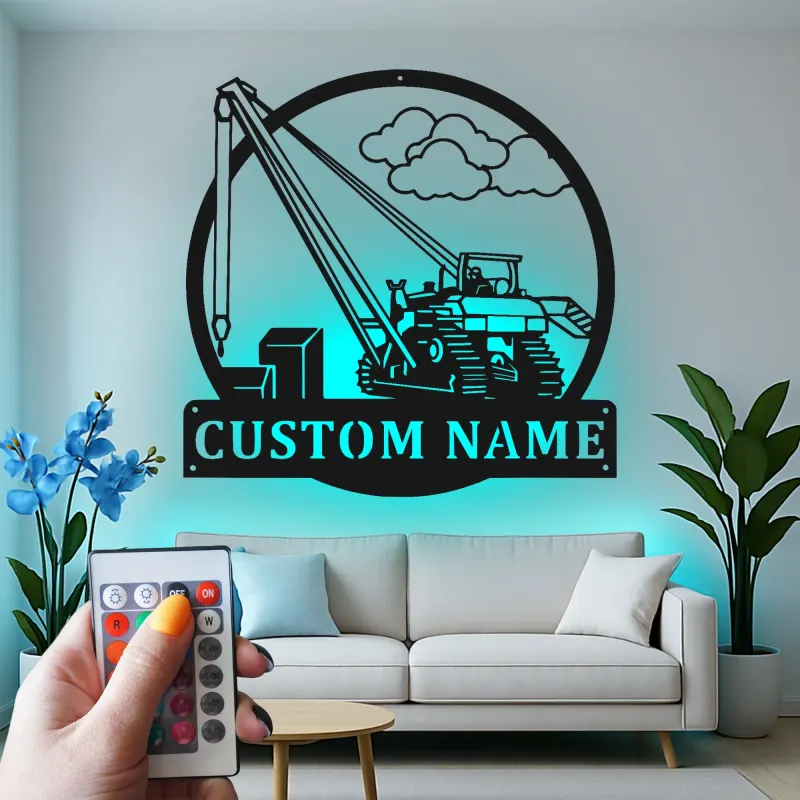 Personalisierte LED-Metall-Wandkunst mit Bagger – Geschenk für Bauprofis, Garage oder Werkstatt