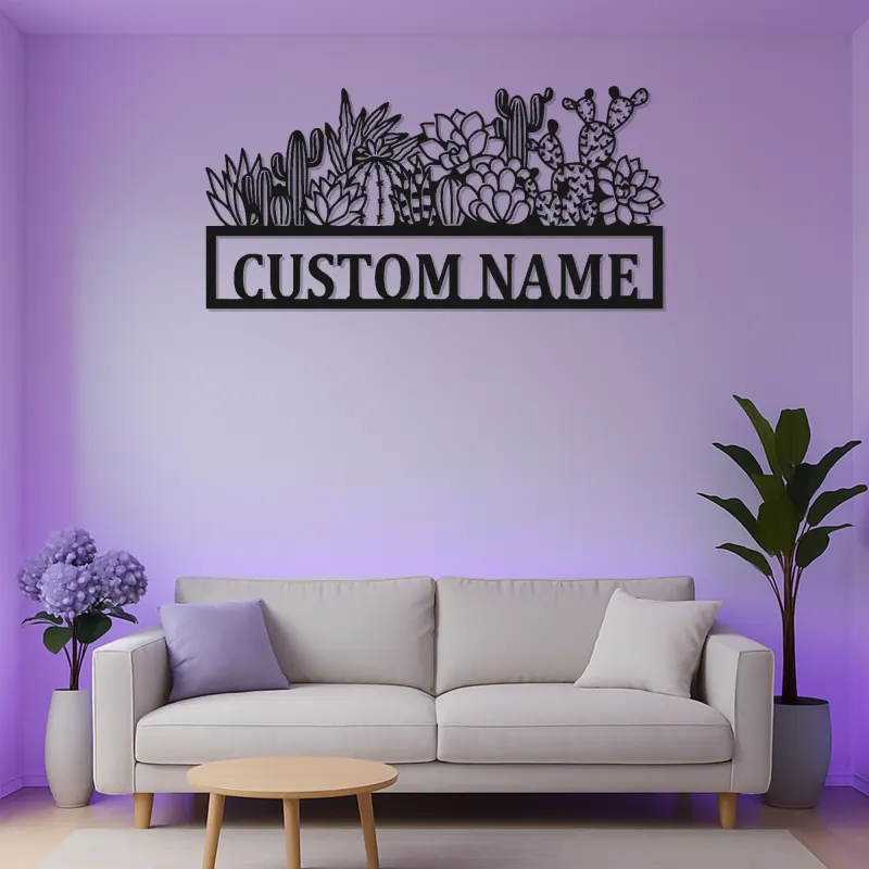 Panneau en métal personnalisé Cactus avec LED | Décoration murale succulente personnalisée pour entreprise | Décor botanique boho désert pour salon ou studio
