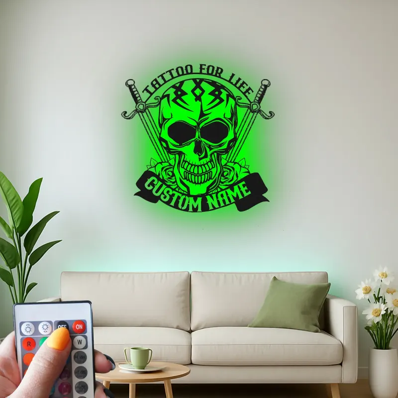 Personalized Skull & Swords LED Sign | Custom Tattoo Metal Wall Art | Gothic Home & Studio Decor | Unique Backlit Name Plaque