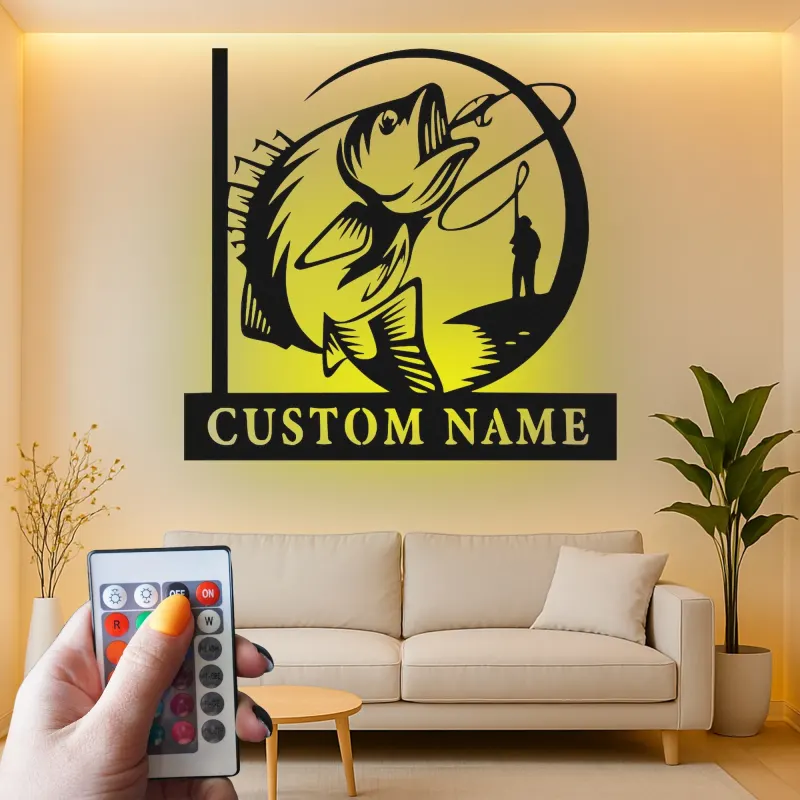 Enseigne de pêche personnalisée avec LED | Décoration murale en métal personnalisée pour pêcheurs | Cadeau décoratif pour maison de lac et chalet
